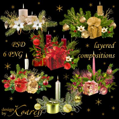 Клипарт для фотошоп - Многослойные композиции со свечами, еловыми ветками, подарками
